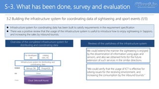 S-3. What has been done, survey and evaluation
3.2 Building the infrastructure system for coordinating data of sightseeing and sport events (1/3)
 Infrastructure system for coordinating data has been built to satisfy requirements in the requirement specification
 There was a positive review that the usage of the infrastructure system is useful to introduce how to enjoy sightseeing in Sapporo,
and increasing the sales by inbound tourists.
Cloud (Microsoft Azure)
Infrastructure system for distributing and
coordinating data
Linux
Mongo DB PosgreSQL
Clouds
ＯＳ
ＲＤＢＭＳ
Overview of the completed infrastructure system for
distributing and coordinating data
Reviews of the usefulness of the infrastructure system
For developers
site
catalog
sites, etc.
We could extend the manner the sightseeing is enjoyed
by the dissemination of information using apps and
sensors, and also we obtained hints for the future
extension of such services in the similar directions.
"We could verify that the usage of ICT is effective for
solving issues for the receiving environment, and
increasing the consumption by the inbound tourists."
April 11, 2017
 