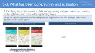 S-3. What has been done, survey and evaluation
3.5 Verifying the provision service of data of sightseeing and sport events, etc. - service
to the sightseers who come in the sightseeing buses
An app has been created to offer information regarding the neighborhood, and send reminders based on the
date/time and the current location.
The screen of bus rendezvous app Evaluation result
Guidance based on the date/time
and the current location
Later
April 11, 2017
 