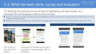 S-3. What has been done, survey and evaluation
3.5 Verifying the provision service of data of sightseeing and sport events, etc. -
provision of multi-language content of tourist signs
 There is a function to provide information about the neighborhood based on the beacon signal emitted by the BLE devices that are
installed on the tourist signs.
 Additional functions to introduce how to buy tickets for transportation services and how to use transportation payment IC cards.
Provision of multi-language content of tourist signs Offering tips
BLE marker on
sign posts emit
beacon
Information on facilities on the sign is
provided in many languages. (MT on
MS Azure)April 11, 2017
 