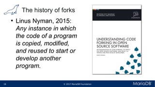 © 2017 MariaDB Foundation16 * *
The history of forks
●
Linus Nyman, 2015:
Any instance in which
the code of a program
is copied, modified,
and reused to start or
develop another
program.
 