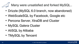 © 2017 MariaDB Foundation18 * *
Many were unsatisfied and forked MySQL..
●
Drizzle (MySQL 6.0 branch, now abandoned)
●
WebScaleSQL by Facebook, Google etc
●
Percona Server, XtraDB and Cluster
●
MySQL Galera Cluster
●
AliSQL by Alibaba
●
TMySQL by Tencent
 