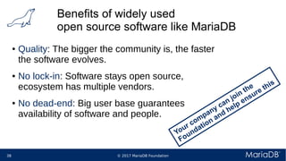 © 2017 MariaDB Foundation38
Benefits of widely used
open source software like MariaDB
● Quality: The bigger the community is, the faster
the software evolves.
● No lock-in: Software stays open source,
ecosystem has multiple vendors.
● No dead-end: Big user base guarantees
availability of software and people.
Your company can join the
Foundation and help ensure this
 