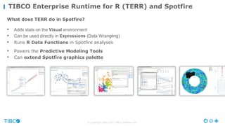 What does TERR do in Spotfire?
• Adds  stats  on  the  Visual environment
• Can  be  used  directly  in  Expressions (Data  Wrangling)
• Runs R Data Functions in Spotfire analyses
• Powers the Predictive Modeling Tools
• Can extend Spotfire graphics palette
TIBCO Enterprise Runtime for R (TERR) and Spotfire
© Copyright 2000-2017 TIBCO Software Inc.
 