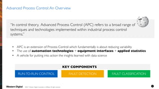 Advanced Process Control:An Overview
• APC is an extension of Process Control which fundamentally is about reducing variability
• The use of automation technologies + equipment interfaces + applied statistics
• A vehicle for putting into action the insights learned with data science
“In control theory, Advanced Process Control (APC) refers to a broad range of
techniques and technologies implemented within industrial process control
systems.”
RUN-TO-RUN CONTROL FAULT DETECTION FAULT CLASSIFICATION
KEY COMPONENTS
©2017 Western Digital Corporation or affiliates. All rights reserved.
 