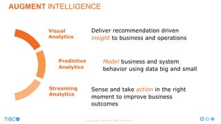 AUGMENT  INTELLIGENCE
Visual
Analytics
Streaming
Analytics
Predictive
Analytics
Model business and system
behavior using data big and small
Deliver recommendation driven
insight to business and operations
Sense and take action in the right
moment to improve business
outcomes
© Copyright 2000-2017 TIBCO Software Inc.
 