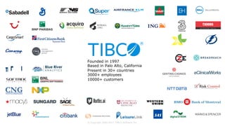 • Founded in 1997
• Based in Palo Alto, California
• Present in 30+ countries
• 3000+ employees
• 10000+ customers
© Copyright 2000-2017 TIBCO Software Inc.
 
