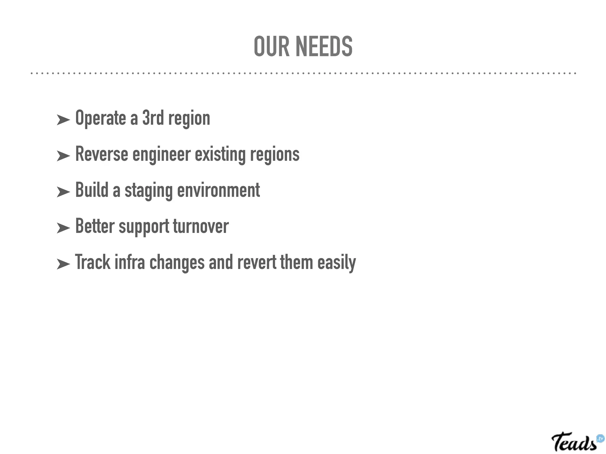 OUR NEEDS
➤ Operate a 3rd region
➤ Reverse engineer existing regions
➤ Build a staging environment
➤ Better support turnover
➤ Track infra changes and revert them easily
 