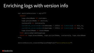 Enriching logs with version info
val serviceVersions = sql(s"""
SELECT
tags.shardName AS customer,
tags.projectName AS service,
instanceId AS instanceId,
cast(from_unixtime(min(timestamp / 1000)) AS timestamp) AS min_ts,
cast(from_unixtime(max(timestamp / 1000)) AS timestamp) AS max_ts,
tags.branchName AS branchName
FROM serviceUptimeUsageLogs
GROUP BY tags.branchName, tags.projectName, instanceId, tags.shardName
""")
serviceVersions.createOrReplaceTempView("serviceVersions")
9
 