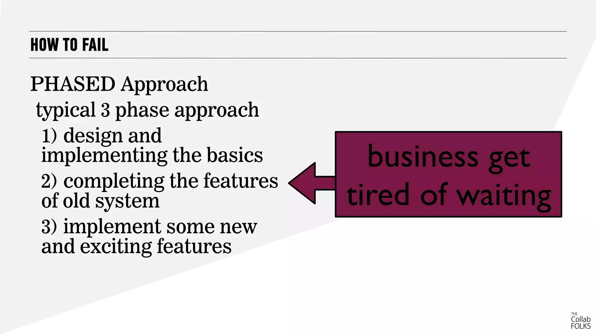 HOW TO FAIL
PHASED Approach
typical 3 phase approach
1) design and
implementing the basics
2) completing the features
of old system
3) implement some new
and exciting features
business get
tired of waiting
 