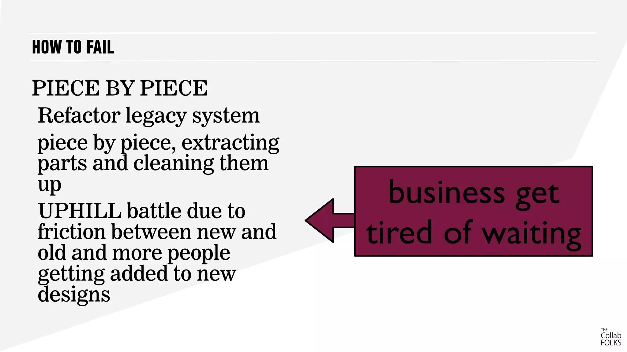 HOW TO FAIL
PIECE BY PIECE
Refactor legacy system
piece by piece, extracting
parts and cleaning them
up
UPHILL battle due to
friction between new and
old and more people
getting added to new
designs
business get
tired of waiting
 