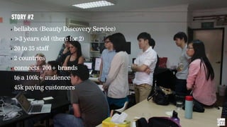 STORY #2
‣ bellabox (Beauty Discovery Service)
‣ >3 years old (there for 2)
‣ 20 to 35 staff
‣ 2 countries
‣ connects 700+ brands
‣ to a 100k+ audience
‣ 45k paying customers
 