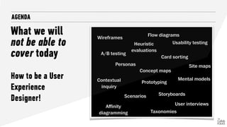Site maps
Wireframes
Card sorting
Usability testing
Contextual
inquiry
Personas
Scenarios
Prototyping
Heuristic
evaluations
Mental models
Affinity
diagramming
Concept maps
A/B testing
Flow diagrams
Taxonomies
Storyboards
User interviews
AGENDA
What we will
not be able to
cover today
How to be a User
Experience
Designer!
 