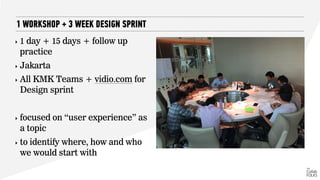 ‣ 1 day + 15 days + follow up
practice
‣ Jakarta
‣ All KMK Teams + vidio.com for
Design sprint
‣ focused on “user experience” as
a topic
‣ to identify where, how and who
we would start with
1 WORKSHOP + 3 WEEK DESIGN SPRINT
 