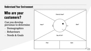 Who are your
customers?
Understand Your Environment
Can you develop
personas to determine
Demographics
Behaviours
Needs & Goals
 
