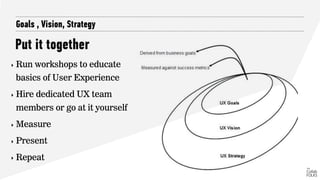 Put it together
Goals , Vision, Strategy
‣ Run workshops to educate
basics of User Experience
‣ Hire dedicated UX team
members or go at it yourself
‣ Measure
‣ Present
‣ Repeat
 