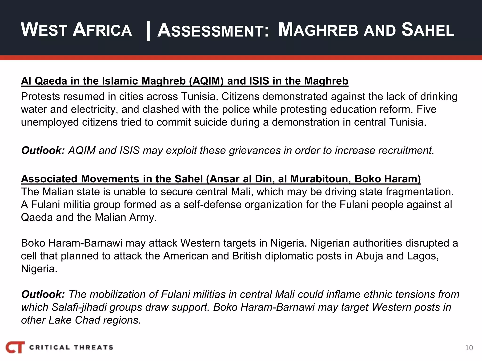 10
| ASSESSMENT:
Al Qaeda in the Islamic Maghreb (AQIM) and ISIS in the Maghreb
Protests resumed in cities across Tunisia. Citizens demonstrated against the lack of drinking
water and electricity, and clashed with the police while protesting education reform. Five
unemployed citizens tried to commit suicide during a demonstration in central Tunisia.
Outlook: AQIM and ISIS may exploit these grievances in order to increase recruitment.
Associated Movements in the Sahel (Ansar al Din, al Murabitoun, Boko Haram)
The Malian state is unable to secure central Mali, which may be driving state fragmentation.
A Fulani militia group formed as a self-defense organization for the Fulani people against al
Qaeda and the Malian Army.
Boko Haram-Barnawi may attack Western targets in Nigeria. Nigerian authorities disrupted a
cell that planned to attack the American and British diplomatic posts in Abuja and Lagos,
Nigeria.
Outlook: The mobilization of Fulani militias in central Mali could inflame ethnic tensions from
which Salafi-jihadi groups draw support. Boko Haram-Barnawi may target Western posts in
other Lake Chad regions.
WEST AFRICA MAGHREB AND SAHEL
 