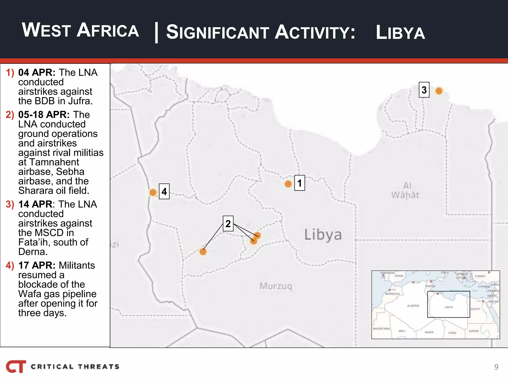 9
| SIGNIFICANT ACTIVITY:WEST AFRICA LIBYA
2
3
1
4
1) 04 APR: The LNA
conducted
airstrikes against
the BDB in Jufra.
2) 05-18 APR: The
LNA conducted
ground operations
and airstrikes
against rival militias
at Tamnahent
airbase, Sebha
airbase, and the
Sharara oil field.
3) 14 APR: The LNA
conducted
airstrikes against
the MSCD in
Fata’ih, south of
Derna.
4) 17 APR: Militants
resumed a
blockade of the
Wafa gas pipeline
after opening it for
three days.
 