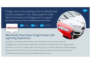 “Today, we’re not wasting time on details and
routine updates in our sales pipeline calls.
We’re focused on strategy and our goals.”
Diana Holland, Executive Director of Marketing and Services Sales
Merchants Fleet Gains Insight Faster with
Lightning Experience
​Specialize in developing fleet solutions for businesses and government agencies
​Struggled with limited pipeline insights due to difficulty extracting data from legacy system
​Spent too much time in weekly sales calls catching up on details instead of building strategies
​Deployed Path and Kanban to gain stronger insights to better inform their sales process
​Accelerates sales productivity via transparent sales processes
 