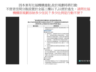 因本案有社福機構進駐,故於規劃時將行動
不便者空間分散設置於全區三樓以下,以便於逃生。請問社福
機構原規劃容納多少住民？多少比例是行動不便？
 