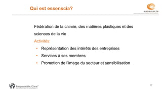 17
Fédération de la chimie, des matières plastiques et des
sciences de la vie
Activités:
• Représentation des intérêts des entreprises
• Services à ses membres
• Promotion de l’image du secteur et sensibilisation
Qui est essenscia?
 