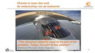 20
“The chemical industry used to be part of the
problem. Today, it’s part of the solution”
Bertrand Piccard, Solar Impulse
Chemie is meer dan ooit
de wetenschap van de toekomst
 