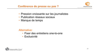 34
Conférence de presse ou pas ?
• Pression croissante sur les journalistes
• Publication réseaux sociaux
• Manque de temps
Alternative:
• Fixer des entretiens one-to-one
• Exclusivité
 