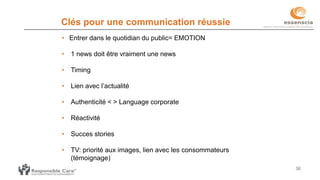 36
Clés pour une communication réussie
• Entrer dans le quotidian du public= EMOTION
• 1 news doit être vraiment une news
• Timing
• Lien avec l’actualité
• Authenticité < > Language corporate
• Réactivité
• Succes stories
• TV: priorité aux images, lien avec les consommateurs
(témoignage)
 