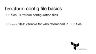 Terraform config file basics
.tf files: Terraform configuration files
.tfvars files: variable for vars referenced in .tf files
 