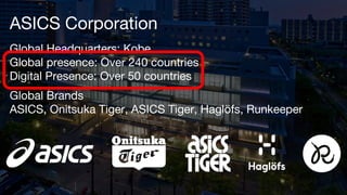 ASICS Corporation
Global Headquarters: Kobe
Global presence: Over 240 countries
Digital Presence: Over 50 countries
Global Brands
ASICS, Onitsuka Tiger, ASICS Tiger, Haglöfs, Runkeeper
 
