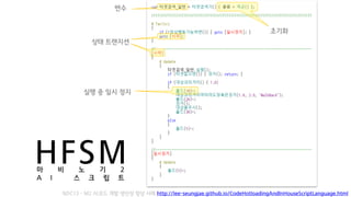 HFSM
상태 트랜지션
실행 중 일시 정지
변수
초기화
마 비 노 기 2
A I 스 크 립 트
NDC13 - M2 AI코드 개발 생산성 향상 사례 http://lee-seungjae.github.io/CodeHotloadingAndInHouseScriptLanguage.html
 
