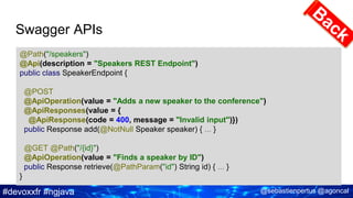 #devoxxfr #ngjava @sebastienpertus @agoncal
Swagger APIs
@Path("/speakers")
@Api(description = "Speakers REST Endpoint")
public class SpeakerEndpoint {
@POST
@ApiOperation(value = "Adds a new speaker to the conference")
@ApiResponses(value = {
@ApiResponse(code = 400, message = "Invalid input")})
public Response add(@NotNull Speaker speaker) { ... }
@GET @Path("/{id}")
@ApiOperation(value = "Finds a speaker by ID")
public Response retrieve(@PathParam("id") String id) { ... }
}
 