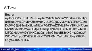 #devoxxfr #ngjava @sebastienpertus @agoncal
A Token
Bearer
eyJhbGciOiJIUzUxMiJ9.eyJzdWIiOiJhZ29uY2FsIiwiaXNzIjoi
aHR0cDovL2NvbmZlcmVuY2UuZG9ja2VyLmxvY2FsaG9zd
Do5MC9jb25mZXJlbmNlLWF0dGVuZGVlL2FwaS9hdHRlbm
RlZXMvbG9naW4iLCJpYXQiOjE0Nzc0OTk3NTUsImV4cCI6
MTQ3NzUwMDY1NX0.aL0a_q5wC3cesBKhkXChg30zr3W
WOsYhFhpJ0lQ479LtLjrPvTQiDH0N_YnFuARuEuy299S4u
O0yXGmX0tSs-Q
 