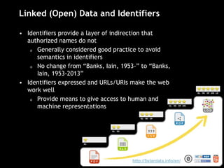 Linked (Open) Data and Identifiers
• Identifiers provide a layer of indirection that
authorized names do not
o Generally considered good practice to avoid
semantics in identifiers
o No change from “Banks, Iain, 1953-” to “Banks,
Iain, 1953-2013”
• Identifiers expressed and URLs/URIs make the web
work well
o Provide means to give access to human and
machine representations
http://5stardata.info/en/
 