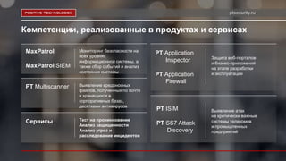 ptsecurity.ru
Компетенции, реализованные в продуктах и сервисах
Сервисы Тест на проникновение
Анализ защищенности
Анализ угроз и
расследование инцидентов
Выявление атак
на критически важные
системы телекомов
и промышленных
предприятий
Выявление вредоносных
файлов, полученных по почте
и хранящихся в
корпоративных базах,
десятками антивирусов
PT Multiscanner
PT ISIM
PT SS7 Attack
Discovery
MaxPatrol
MaxPatrol SIEM
Мониторинг безопасности на
всех уровнях
информационной системы, а
также сбор событий и анализ
состояния системы
Защита веб-порталов
и бизнес-приложений
на этапе разработки
и эксплуатации
PT Application
Inspector
PT Application
Firewall
 