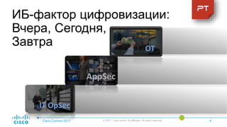 ИБ-фактор цифровизации:
Вчера, Сегодня,
Завтра
Cisco Connect 2017 © 2017 Cisco and/or its affiliates. All rights reserved. 8
IT OpSec
AppSec
ОТ
 