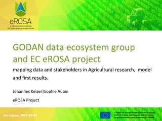 WWW.EROSA.AGINFRA.EU
e-ROSA has received funding from the European
Union’s Horizon 2020 research and innovation
programme under grant agreement No 730988
GODAN data ecosystem group
and EC eROSA project
mapping data and stakeholders in Agricultural research, model
and first results.
Barcelona, 2017-04-03
Johannes Keizer|Sophie Aubin
eROSA Project
 