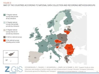 10
STEENBERGHEN, T., TAVARES, T., RICHARDSON, J., HIMPE, W. & CRABBÉ, A. 2017. Support study on data
collection and analysis of active modes use and infrastructure in Europe. Brussels: European Comission,
Directorate-general for Mobility and Transport.
 