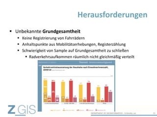  Unbekannte Grundgesamtheit
 Keine Registrierung von Fahrrädern
 Anhaltspunkte aus Mobilitätserhebungen, Registerzählung
 Schwierigkeit von Sample auf Grundgesamtheit zu schließen
 Radverkehrsaufkommen räumlich nicht gleichmäßig verteilt
Herausforderungen
26
 
