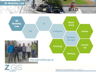 GI
Mobility
Lab
GIS
für
intelligente
Mobilitäts-
lösungen
Modell-
ierung
Analyse
Anwend-
ung
Beratung
Forschung
http://gimobility.zgis.at
 