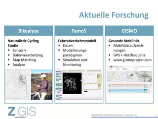 Aktuelle Forschung
5
Bikealyze FamoS GISMO
Naturalistic Cycling
Studie
 Sensorik
 Datenverarbeitung
 Map Matching
 Analyse
Fahrradverkehrsmodell
 Daten
 Modellierungs-
paradigmen
 Simulation und
Monitoring
Gesunde Mobilität
 Mobilitätsaufzeich-
nungen
 GPS + Herzfrequenz
 www.gismoproject.com
 
