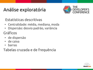 pen4education
Análise exploratória
Estatísticas descritivas
• Centralidade: média, mediana, moda
• Dispersão: desvio padrão, variância
Gráficos
• de dispersão
• de caixa
• barras
Tabelas cruzada e de frequência
 