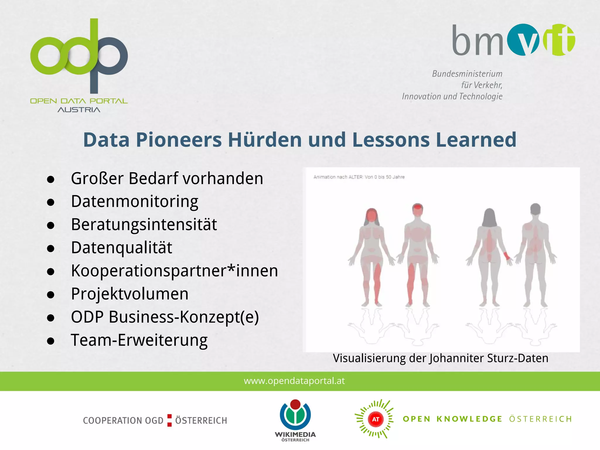 www.opendataportal.at
Data Pioneers Hürden und Lessons Learned
● Großer Bedarf vorhanden
● Datenmonitoring
● Beratungsintensität
● Datenqualität
● Kooperationspartner*innen
● Projektvolumen
● ODP Business-Konzept(e)
● Team-Erweiterung
Visualisierung der Johanniter Sturz-Daten
 