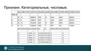 Признаки. Категориальные, числовые.
 