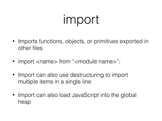 Components via JS
• React’s API contains method createElement()
• Takes 3 parameters: type, props, children
render() {
return React.createElement('h1', null, "Hello there.");
 