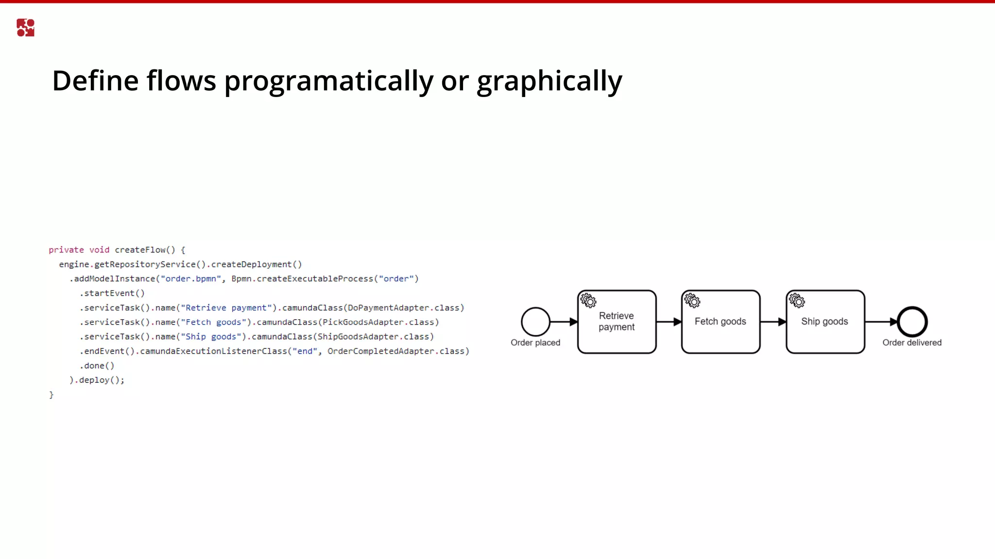 Define flows programatically or graphically
 