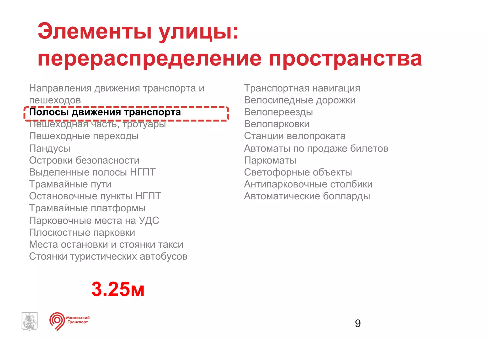 Направления движения транспорта и
пешеходов
Полосы движения транспорта
Пешеходная часть, тротуары
Пешеходные переходы
Пандусы
Островки безопасности
Выделенные полосы НГПТ
Трамвайные пути
Остановочные пункты НГПТ
Трамвайные платформы
Парковочные места на УДС
Плоскостные парковки
Места остановки и стоянки такси
Стоянки туристических автобусов
Транспортная навигация
Велосипедные дорожки
Велопереезды
Велопарковки
Станции велопроката
Автоматы по продаже билетов
Паркоматы
Светофорные объекты
Антипарковочные столбики
Автоматические болларды
9
Элементы улицы:
перераспределение пространства
4м - 3.25м = 0.75м
 