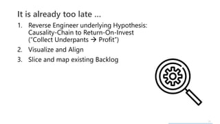 21
1. Reverse Engineer underlying Hypothesis:
Causality-Chain to Return-On-Invest
(“Collect Underpants  Profit”)
2. Visualize and Align
3. Slice and map existing Backlog
It is already too late …
 