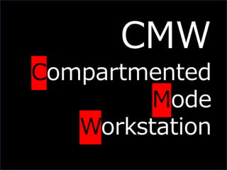 Slide 21
CMW
Compartmented
Mode
Workstation
CMW
Compartmented
Mode
Workstation
CMW
Compartmented
Mode
Workstation
 