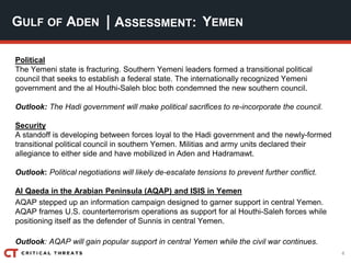 4
| ASSESSMENT:
Political
The Yemeni state is fracturing. Southern Yemeni leaders formed a transitional political
council that seeks to establish a federal state. The internationally recognized Yemeni
government and the al Houthi-Saleh bloc both condemned the new southern council.
Outlook: The Hadi government will make political sacrifices to re-incorporate the council.
Security
A standoff is developing between forces loyal to the Hadi government and the newly-formed
transitional political council in southern Yemen. Militias and army units declared their
allegiance to either side and have mobilized in Aden and Hadramawt.
Outlook: Political negotiations will likely de-escalate tensions to prevent further conflict.
Al Qaeda in the Arabian Peninsula (AQAP) and ISIS in Yemen
AQAP stepped up an information campaign designed to garner support in central Yemen.
AQAP frames U.S. counterterrorism operations as support for al Houthi-Saleh forces while
positioning itself as the defender of Sunnis in central Yemen.
Outlook: AQAP will gain popular support in central Yemen while the civil war continues.
GULF OF ADEN YEMEN
 