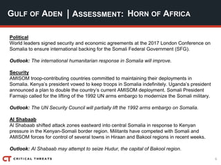 6
| ASSESSMENT:
Political
World leaders signed security and economic agreements at the 2017 London Conference on
Somalia to ensure international backing for the Somali Federal Government (SFG).
Outlook: The international humanitarian response in Somalia will improve.
Security
AMISOM troop-contributing countries committed to maintaining their deployments in
Somalia. Kenya’s president vowed to keep troops in Somalia indefinitely. Uganda’s president
announced a plan to double the country’s current AMISOM deployment. Somali President
Farmajo called for the lifting of the 1992 UN arms embargo to modernize the Somali military.
Outlook: The UN Security Council will partially lift the 1992 arms embargo on Somalia.
Al Shabaab
Al Shabaab shifted attack zones eastward into central Somalia in response to Kenyan
pressure in the Kenyan-Somali border region. Militants have competed with Somali and
AMISOM forces for control of several towns in Hiraan and Bakool regions in recent weeks.
Outlook: Al Shabaab may attempt to seize Hudur, the capital of Bakool region.
GULF OF ADEN HORN OF AFRICA
 